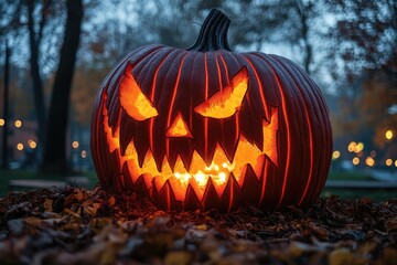 Halloween pumpkin glowing on the ground in a spooky forest