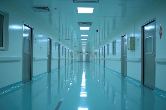Long empty hospital corridor reflecting light on floor