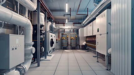 Industrial Facility Interior with Pipes and Machinery