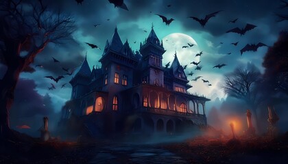 Bats flying around a haunted mansion on a stormy night