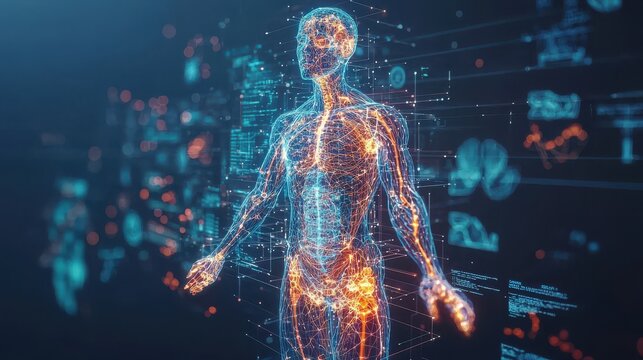 A futuristic representation of a human body, highlighting neural connections and data flow, symbolizing the fusion of technology and biology