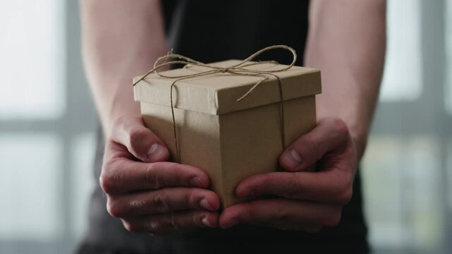 Slow motion young man shows brown craft paper gift box