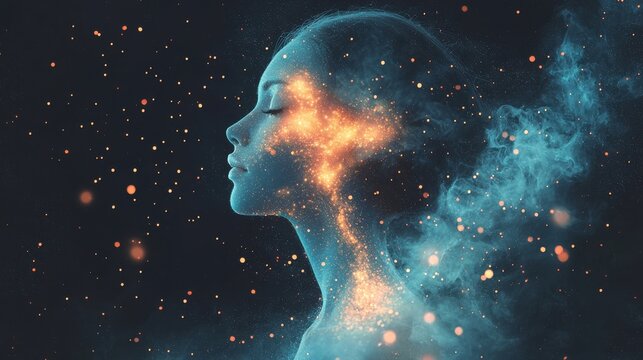 A luminous profile of a woman surrounded by cosmic elements, embodying creativity and mystery in the universe