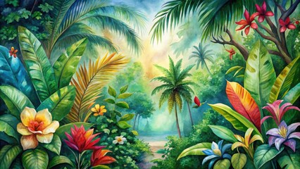 Fototapeta premium vibrant jungle foliage leafy branch tangle exotic watercolor blooms bold bright colors energetic dynamic fast-paced lively tropical atmosphere