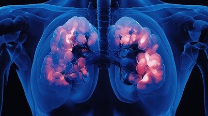 Naklejka premium Detailed anatomical illustration of human lungs showcasing intricate structures and vibrant colors in a medical context