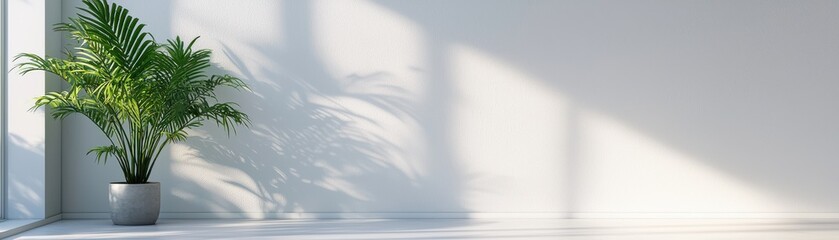 A serene indoor space featuring a lush plant casting shadows on a modern wall, perfect for interior design inspiration.