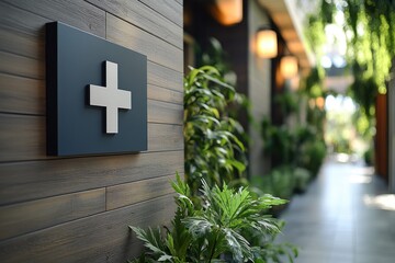 Modern clinic sign with plants showing sustainable healthcare concept