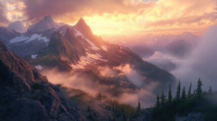 Obraz premium Sunset over misty mountain range.