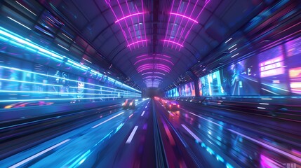 Obraz premium Futuristic Tunnel with Neon Lights and Speeding Cars
