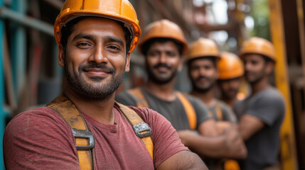 Obraz premium Indian labor team standing at construction side