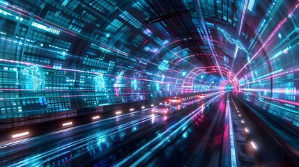 Obraz premium Digital Tunnel Futuristic Highway with Glowing Neon Lights