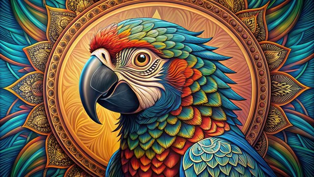 detailed parrot portrait with intricate vector mandala pattern bohemian style