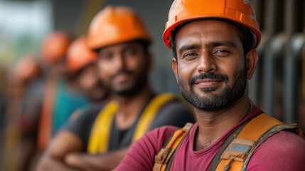 Obraz premium Indian labor team standing at construction side
