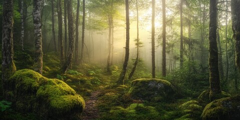 Obraz premium Sunlight through misty forest, mossy ground, path.