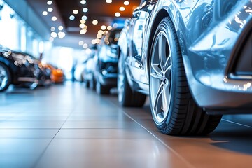 New car showcasing in dealership showroom, selective focus on tire