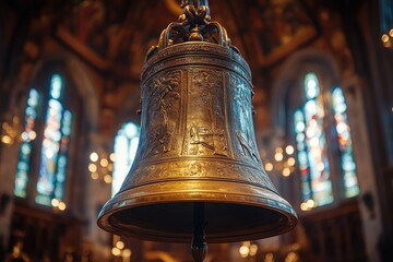 Big church bell hanging in a church entrance