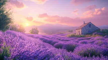 Stone cottage in lavender field at sunset.