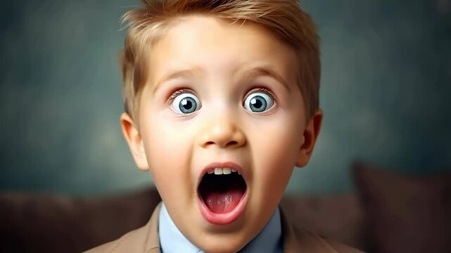A little boy is positively surprised, with a shocked expression of joy and amazement on his beautiful face.
