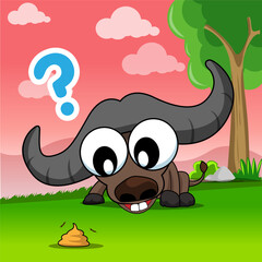 Cute cartoon brown buffalo with a red scarf. Vector illustration of an animal