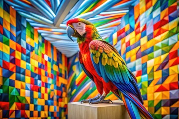 Fototapeta premium colorful parrot perched on abstract vector sculpture modern art museum