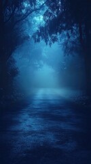 Empty asphalt road in a dark forest with fog