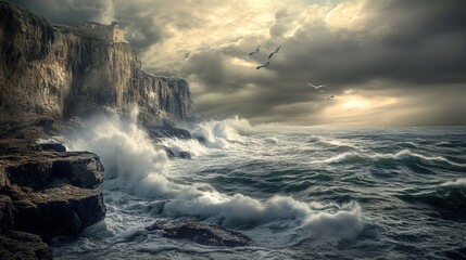 Stormy sea crashing against rocky cliffs.