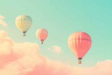 Fototapeta premium Three hot air balloons floating in pastel sky.