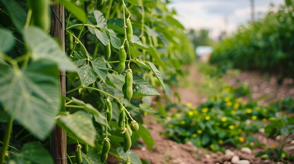 Obraz premium Close-up of Green Beans Growing in a Garden