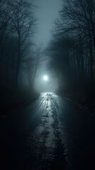 Obraz premium Empty asphalt road in a dark forest with fog
