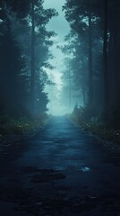 Fototapeta premium Empty asphalt road in a dark forest with fog