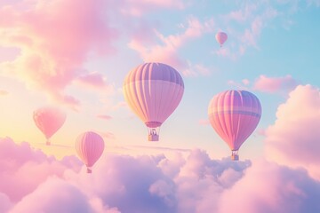 Fototapeta premium Hot air balloons float over fluffy pink clouds.
