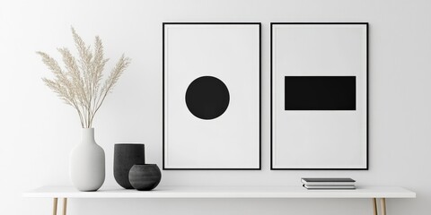 Minimalist poster on white background, black and white