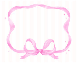 Coquette Pink Ribbon bow Preppy Horizontal  Frame Watercolor Girly Retro Grandmillennial style