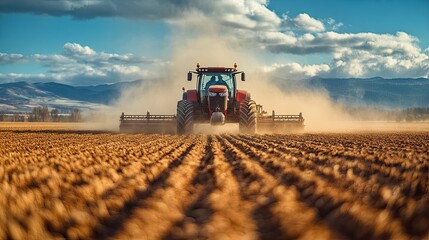 Fototapeta premium Farming tractor plowing and spraying on field 