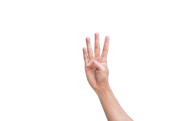 Young man's hand showing fingers on isolated white background. Counting number 4 with four fingers showing. Clipping Path