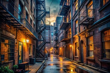 Fototapeta premium Gloomy metropolitan alleyway at dusk with steel bars and rusty fire escapes juxtaposing gritty urban reality with faded industrial grandeur
