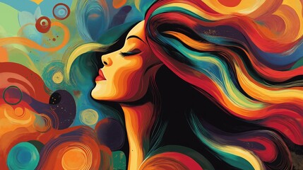 Abstract colorful portrait painting with diverse beautiful independent successful inclusive acceptation women day celebration in bright colors