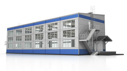Modern industrial warehouse building with fire exit stairs and loading ramp. 3d illustration on white background