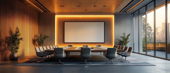 A professional meeting room with accessible workplace accommodations such as ergonomic seating and hearing aidcompatible technology The space is used for international business mee