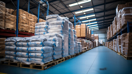 Stack of Packaged pet food stored in warehouse ready to distribution.