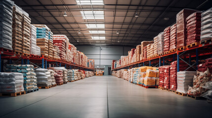 Stack of Packaged pet food stored in warehouse ready to distribution.