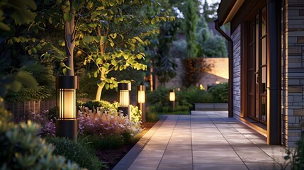 Fototapeta premium Illuminated Garden Path Backyard Design with Stone Pathway and Lush Greenery