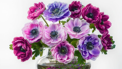  A bouquet of vibrant anemone flowers in various shades of pink and purple, arranged in a glass vase against a blurred background.