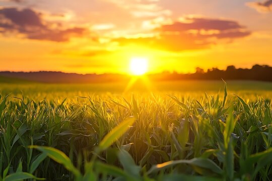 Young corn field bathed in golden sunset light