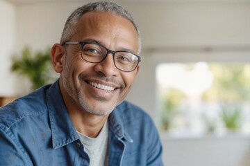 Face of cheerful Afro mature man wearing glasses and a blue shirt is smiling on a blurred background living room with copy space. He is looking at the camera and he is happy