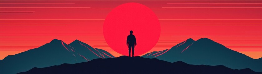 Fototapeta premium A solitary figure stands against a stunning sunset over mountains, capturing the beauty of nature and solitude.