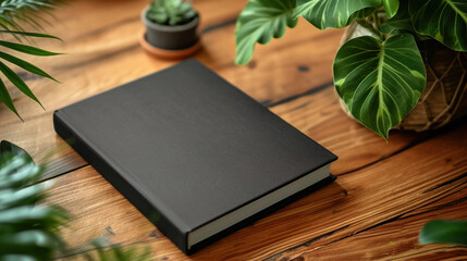 black minimalist book mock up on the table on the morning