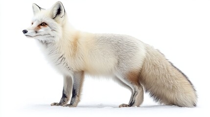 Obraz premium Full body profile of white fox isolated on white background with copyspace area 
