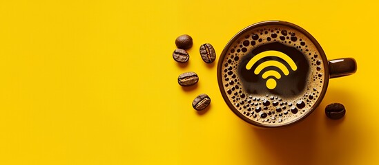 A cup of coffee with a wifi symbol in the foam, on a yellow background with coffee beans.