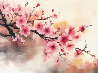 Fototapeta premium Watercolor painting of pink cherry blossoms.